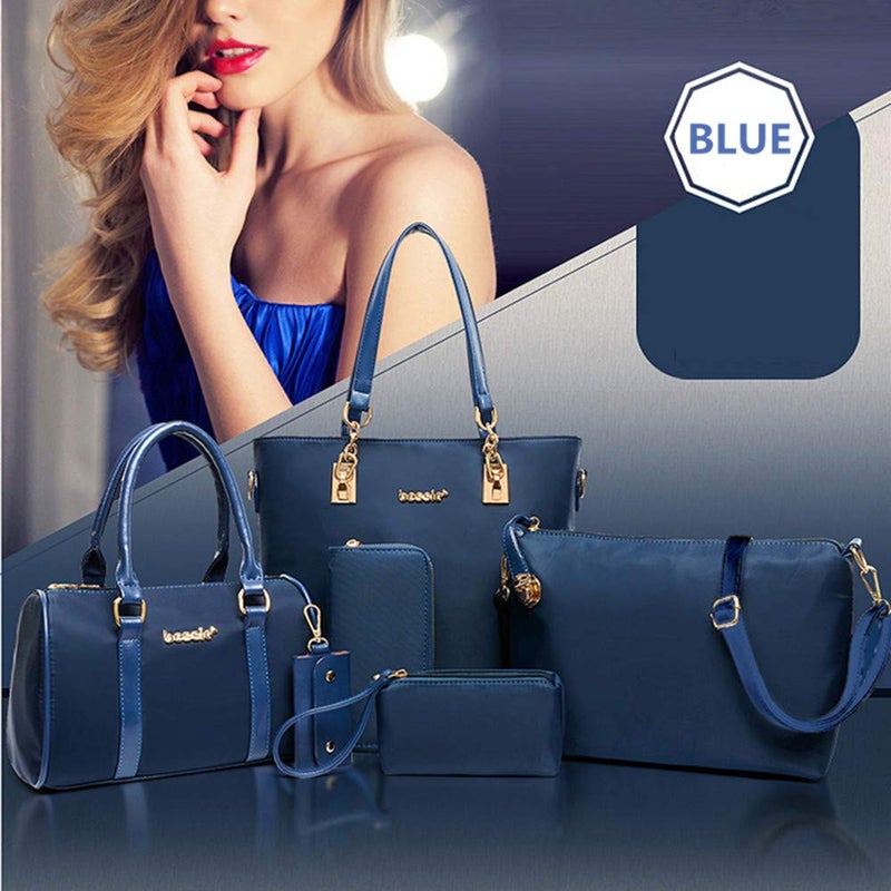 AlwaySky Nylon Women's Shoulder Bag 6 PCS Top-Handle Handbag Tote Purse Wallet Key Case Set (Blue) - Image 2